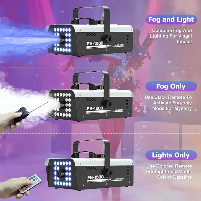 Fog Machine Halloween Outdoor Indoor, 1500W Smoke Machine Fog with 24 LEDs Strobe Lights and Remote for DJ Party Disco Stage Wedding