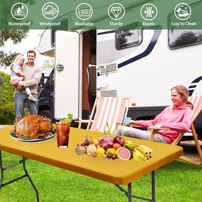 6 Pack 6 Foot Picnic Table Cover Fitted Outdoor Tablecloth for Rectangle Table Elastic Waterproof Stretch Washable Patio Folding Spandex Tablecloth for Camping Banquet and Parties (Mustard,30" x 72")