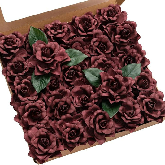 Ling's moment Burgundy Artificial Gardenia Flowers, 25pcs, 2.7" Gardenias for DIY Wedding Decor, Bouquets, Centerpieces, Bridal Shower Floral Arrangements