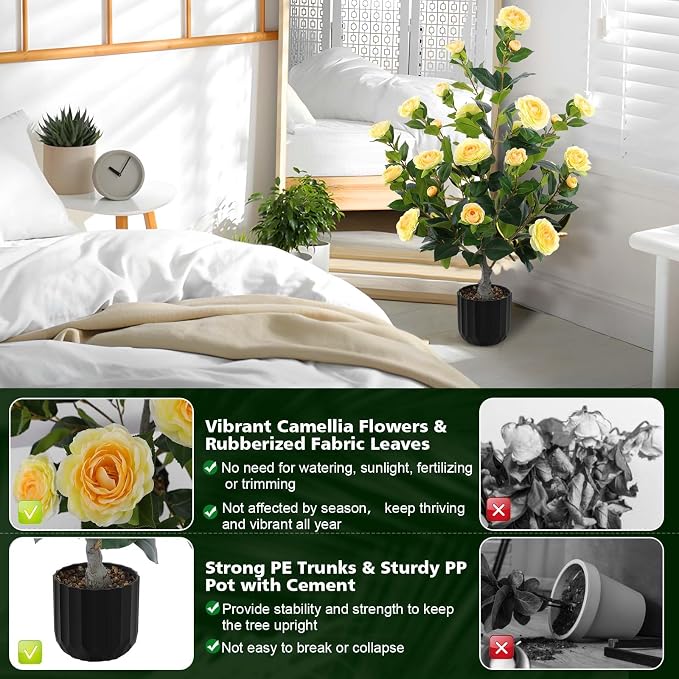 Hananona 2 Pcs Artificial Camellia Trees Faux Camellia Plant in Pot with Flowers Indoor Plants for Spring Home Decor Outdoor Porch Front Door Decor (Yellow, M)