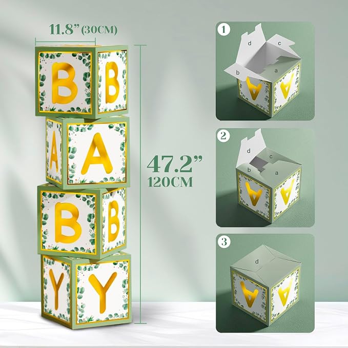 Sage Green Neutral Baby Shower All In One Set - 4 Balloon Boxes, 12 Tableware Sets with Disposable Plates, "OH BABY" Balloons, Tablecloth & Cake Toppers