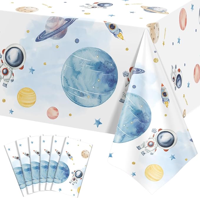 NatNarr 6 Pack First Trip Around The Sun Space Tablecloths, 54 x 108 Inch Outer Space Themed Tablecloth for 1st Birthday Baby Shower Home Party Decorations