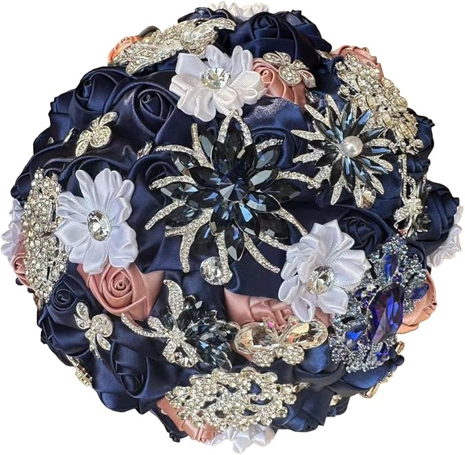 Dusty Pink and Navy Blue Bridal Wedding Bouquet with Luxury Rhinestone Brooch Bling Bouquet for Bride Bridesmaid Quinceanera Satin Rose Artificial Flower Bouquet Wedding 7.1in