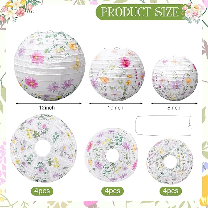 Baquler 12 Pcs Spring Wildflower Paper Lanterns Party Decorations Pink Purple Floral Hanging Lanterns 3 Styles for Baby in Bloom Baby Shower Wedding Garden Tea Summer Home Indoor Outdoor Party Decor