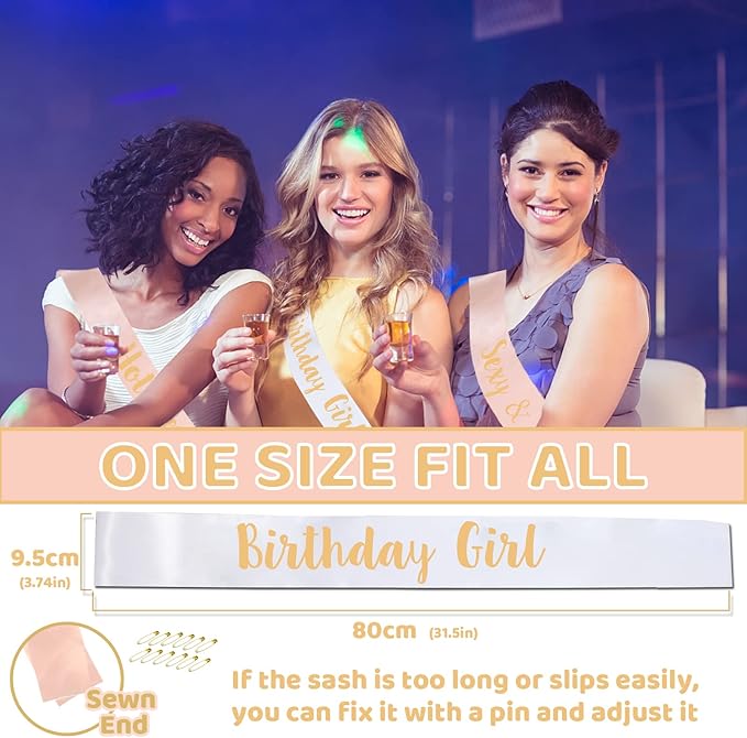 12-Piece Birthday Sash Set - White Girl Sash + 11 Rose Gold Party Sashes for Women's Birthday Party Favors