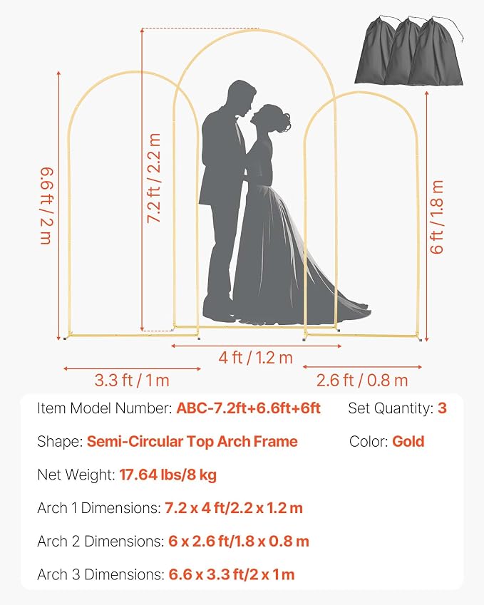 VEVOR Arch Backdrop Stand, Set of 3, 7.2/6.6/6 ft, Stable Structure, Easy Assembly, Gold Metal Arch Backdrop Stand for Wedding, Birthday Party, Graduation, Holiday Celebration, and Ceremony Decoration