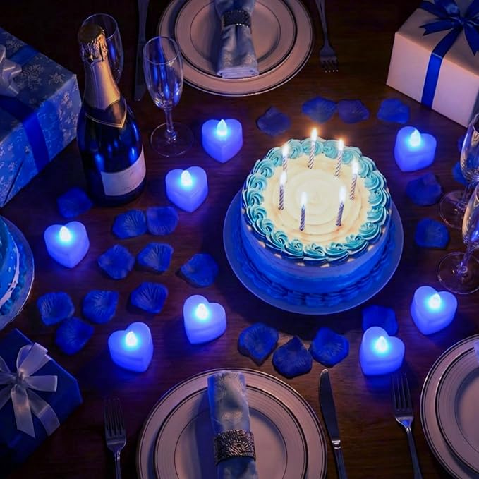Blue Happy Birthday Balloons Decorations Happy Birthday Letter Balloons Banner Set with 24pcs Heart Flameless LED Candles and 2000pcs Artificial Rose Petals for Women Men Room Party Decor