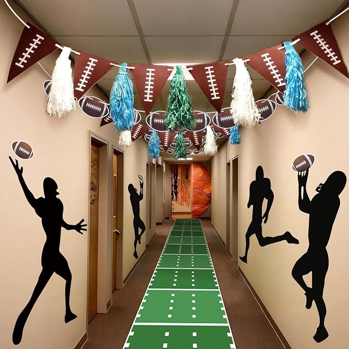 VioraWhite 15 Pcs Football Party Classroom Decorations 9.8 ft Field Aisle Rug, Black Pitching Decoration, Pennant Rugby Flag and Rugby Flag, Football Party Supplies for Classroom Sports Favors