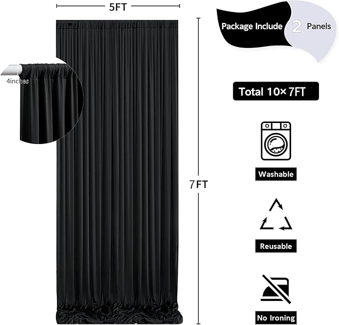 10 ft x 7 ft Wrinkle Free Black Backdrop Curtain for Parties, Polyester Black Photo Backdrop Drapes for Graduation Birthday Wedding Party Stage Curtains, Background Curtains for Backdrop Stand