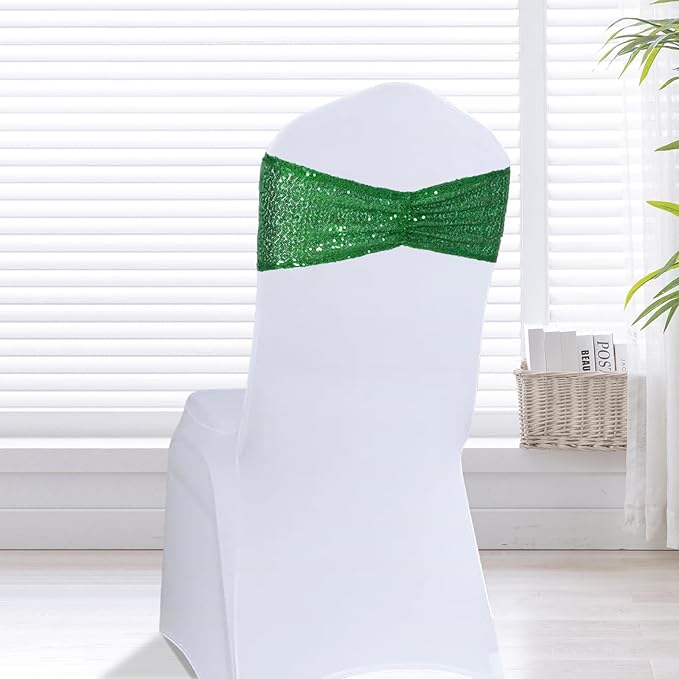 Eternal Beauty Set of 10 Green Chair Sash Band Bows Sequin Chair Sashes for Wedding Cover Decorations