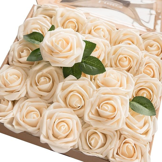 Ling's moment Artificial Flowers 25Pcs Cream Roses Decor w/Stems,3" DIY Foam Floral for Wedding Bouquet/Centerpieces, Outdoors Party Backdrop, Room/Table, and Garden/Pot Decorations