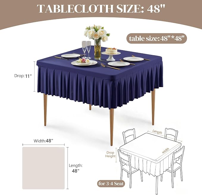 Wish Care Navy Blue Spandex Tablecloths for 48x48 Inch Square Tables, Stretch Fitted Table Clothes with Pleated Ruffle Skirt for 48” Table, Wrinkle Free and Elastic, for Party Kitchen Home Dining