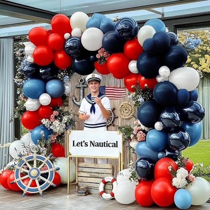 Navy Blue Red White Balloon Arch, Double Stuffed Royal Blue Red Pearl White Sand Balloon Garland Kit for Birthday Graduation Baby Shower Patriotic Nautical Baseball 4th of July Party Decor