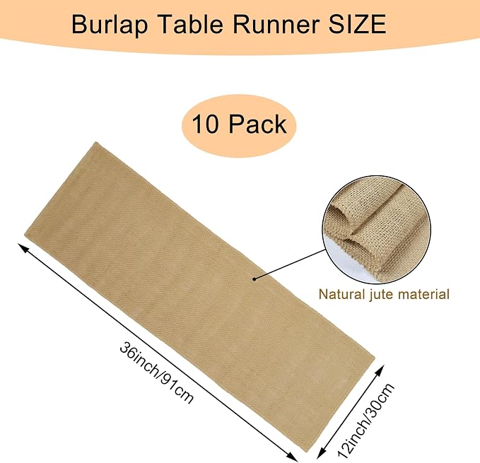 10 Pack 12 x 36 Inch Natural Burlap Table Runners,Rustic Jute Table Runner and Placemats Bulk for Western Wedding Table Decorations,Farmhouse Style Party,Holiday,Kitchen Table Decor