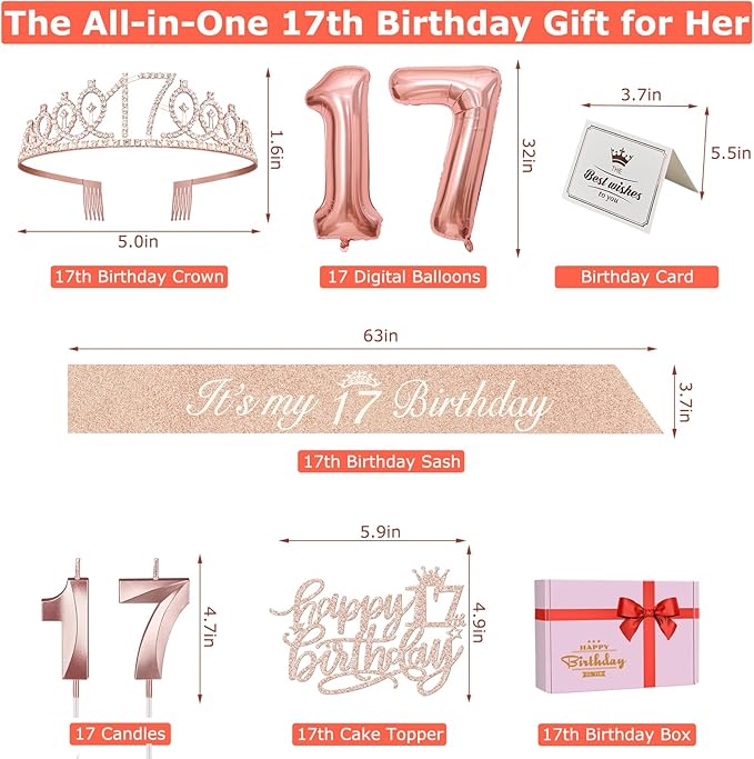 17th Birthday Decorations for Girl, Including 17th Birthday Tiara and Sash, Cake Topper and Candles, Number Balloons, Greeting Card, 17 Year Old Gifts for Girls