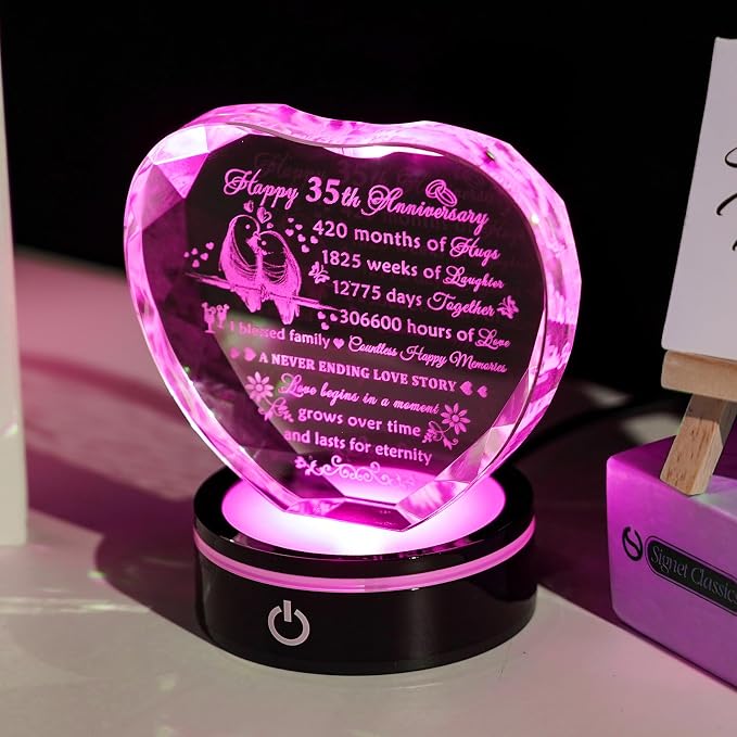 YWHL 35th Wedding Anniversary Crystal Heart Gifts for Parents Couples with LED Base Laser Engraved Happy 35th Anniversary Keepsake Plaque Gift for Husband Wife 35 Years of Marriage Gifts for Her Him