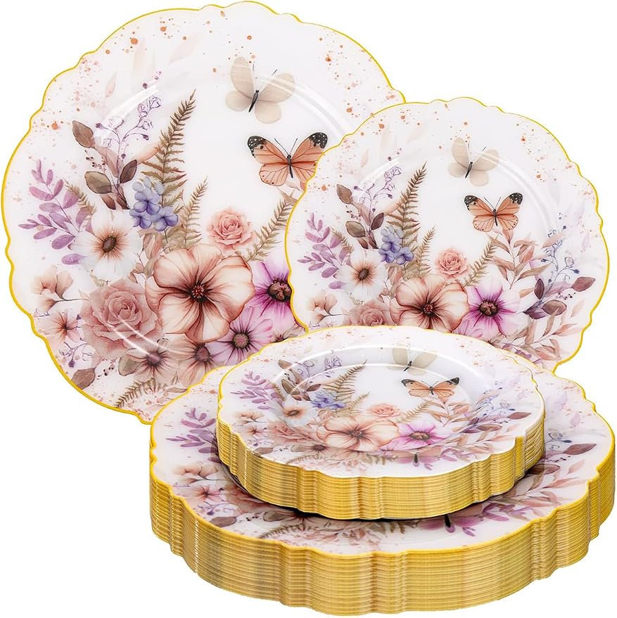 WDF 20Pack Spring Plates Flower- Baroque Fancy Butterfly Plates Disposable - 10’’ and 7’’ Floral plastic tableware Decoration Suitable for Spring Garden Party/Tea Party/Birthday