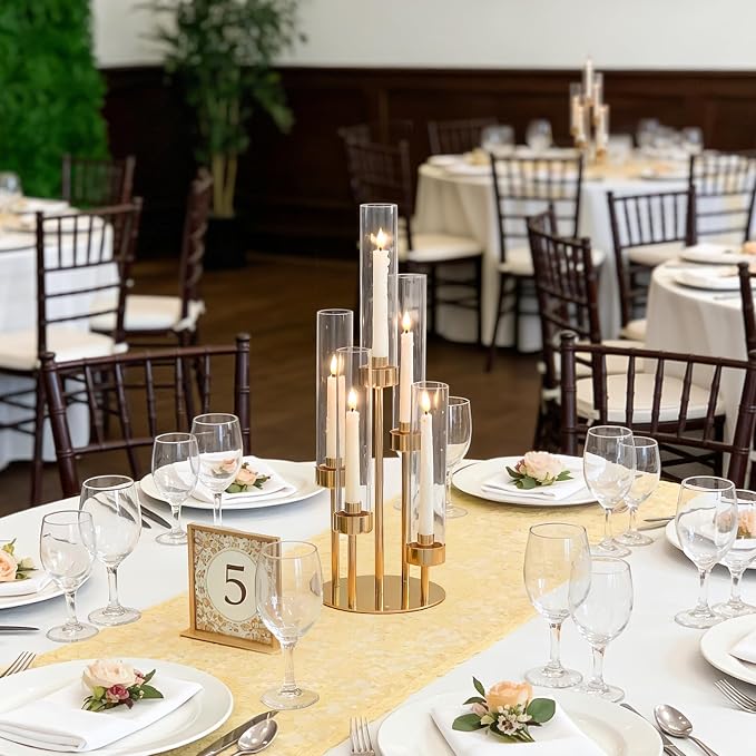 5-Arm Black Metal Table Candelabra Centerpiece, 22" Tall Clear Candlesticks Holder with Shade for Valentines Day Events Party Table Centerpiece,Fit LED Candles (4, Gold, S-22in)