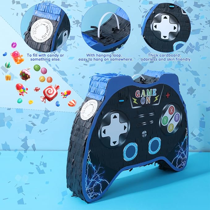Video Game Piñata - Game Controller Piñata Bundle with Blindfold and Bat for Birthday Gamer Parties, Party Decor, Gaming theme parties (16x12x3 Inches)