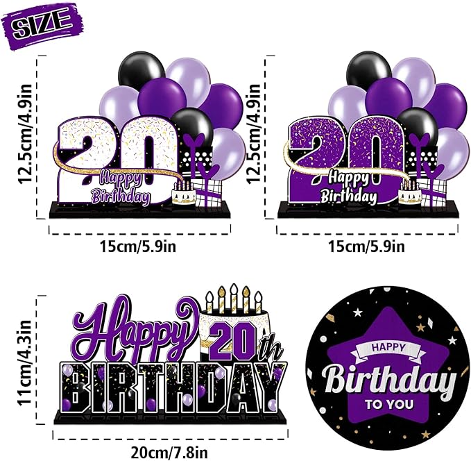 LINGTEER Happy 20th Birthday Purple Acrylic Table Topper Centerpieces Set - Cheers to Twenty Years Old Birthday 20th Bday Party Gift Decorations.