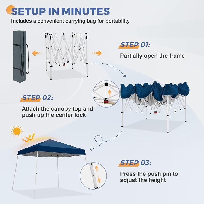 COOS BAY 10x10 Pop Up Canopy Tent, Portable Outdoor Shelter with Carry Bag for Tailgate, Party, Beach, Picnic, and Camping, 10x10 Base 8x8 Top, Dark Blue