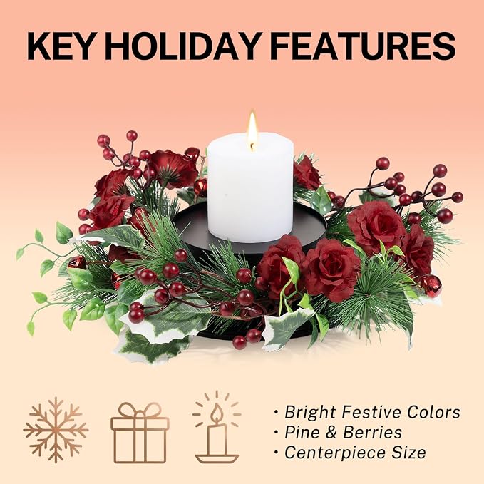MOYEE Christmas Winter Centerpieces for Tables Candle Ring, Black Metal Candlestick with an Artificial Wreaths 14 in Versatile Dining Table Centerpiece Decor (Rose Wreath)