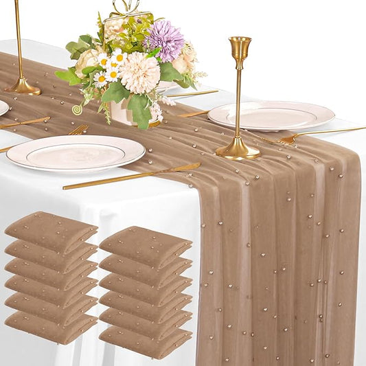 12 Pack 10FT Pearl Table Runner 30x120 Inch Nude Brown Tulle Fabric Boho Rustic Sheer Table Runners Lace Table Cloth for Wedding Bridal Shower Birthday Party Arch Veil Dessert Table Decor (Nude Brown)