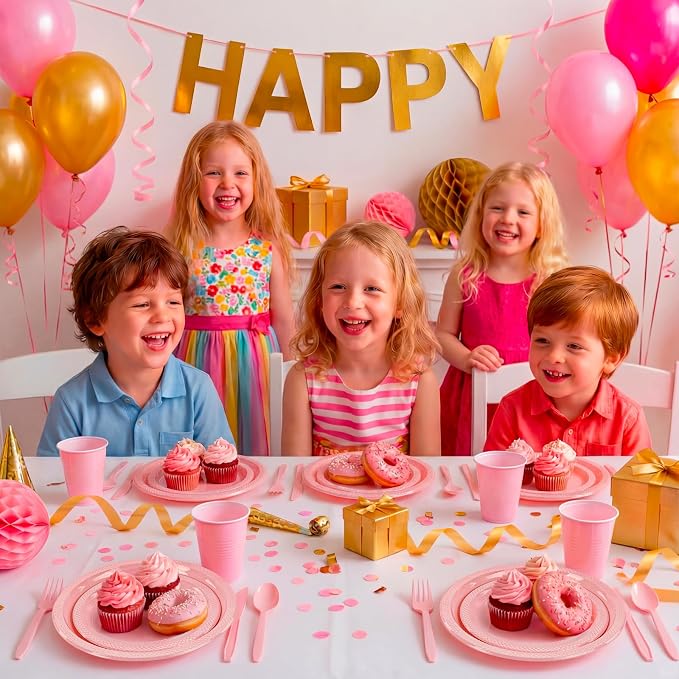 MirthMood 350pcs Pink Plates Disposable Including Pink Plastic Plates, 12OZ Cups, Plastic Cutlery and Napkins Serve 50 Guests for Spring Wedding,Birthday Party Dinner,Daily Use