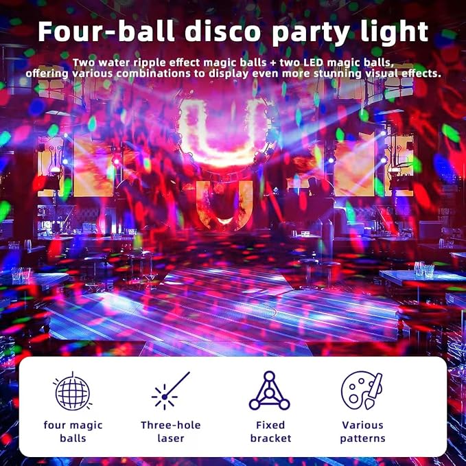 4 Disco Ball in 1 Party Lights Indoor Outdoor, Dj Laser Lights for Parties Decor Strobe Sound Activated Stage Disco Dj Light with Remote for Karaoke Birthday Wedding Club Christams