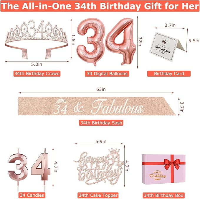 34th Birthday Decorations for Women, Including 34th Birthday Sash and Tiara, Cake Topper and Candles, Number Balloons, 34 Year Old Gifts for Women