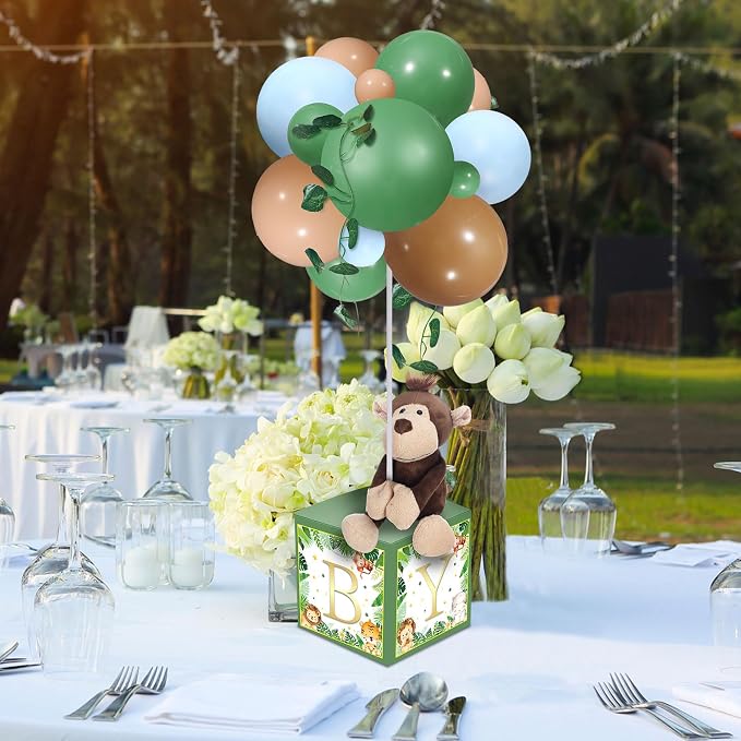 Lenwen 3 Sets Jungle Animal Decoration for Baby Shower Letter Boxes Baby Shower Table Centerpiece Stuffed Animals Balloon with Stand Plush Boxes for Party(Cute,Lion, Monkey)