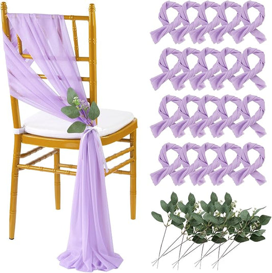 QueenDream Light Purple Chair Sashes 24 Pieces Sheer Chairs with Artificial Eucalyptus Designed Decorative Soft Chair Covers for Wedding Aisle Chairs Decoration