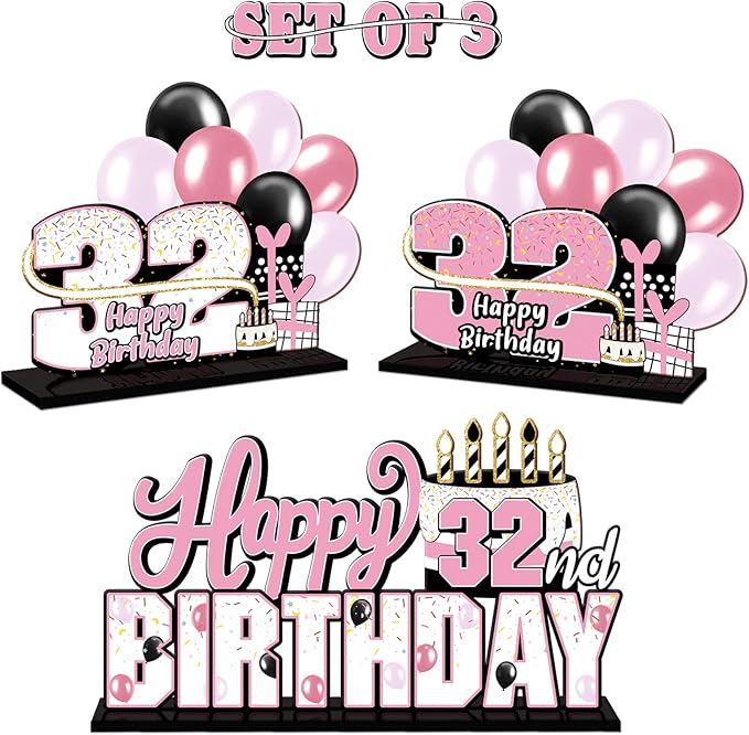 LINGTEER Happy 32nd Birthday Pink Acrylic Table Topper Centerpieces Set - Cheers to 32 Years Old Birthday 32nd Bday Party Gift Decorations.