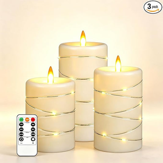 Da by 3 Pack Ivory Flameless Taper Candles, Realistic Flickering LED Candles with Surrounding Fairy String Lights, Heat Resistant ABS Battery Candles with Remote for Indoor Outdoor Decor