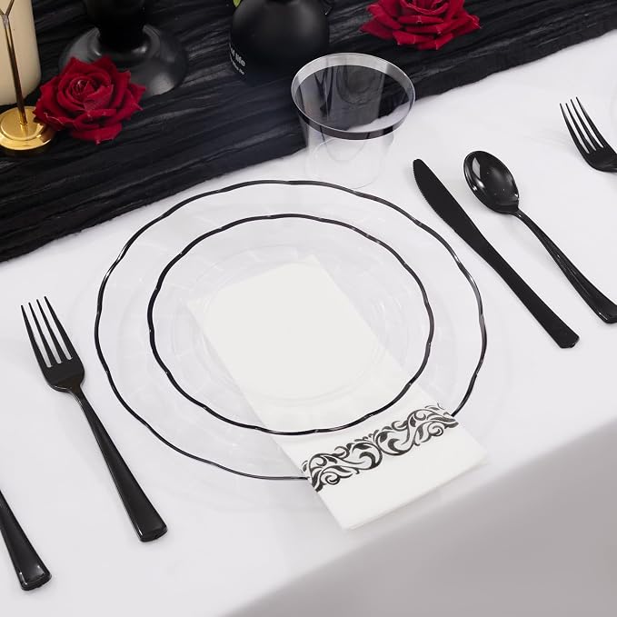 LIYH 350 Pcs Clear and Black Plastic Dinnerware Set for 50 Guests | Includes Plates, Cups, Napkins, and Disposable Cutlery - Elegant Clear & Black Design, Perfect for Parties,Halloween