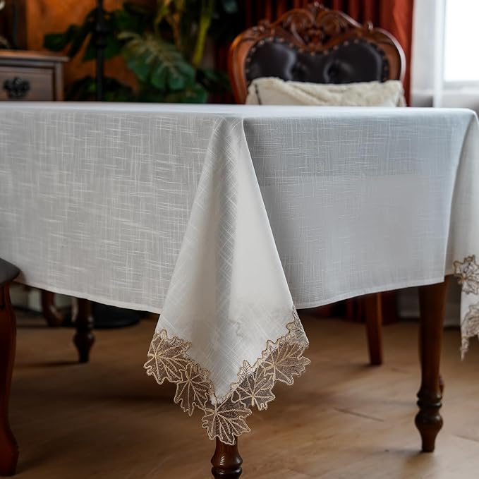 ARTABLE Lace Tablecloth Linen Fabric White Rectangle Table Cloth Fall Christmas Washable Table Cover for Kitchen Home Picnic Indoor Outdoor Camping Dining Decor (Offwhite, 52 x 70 Inch)