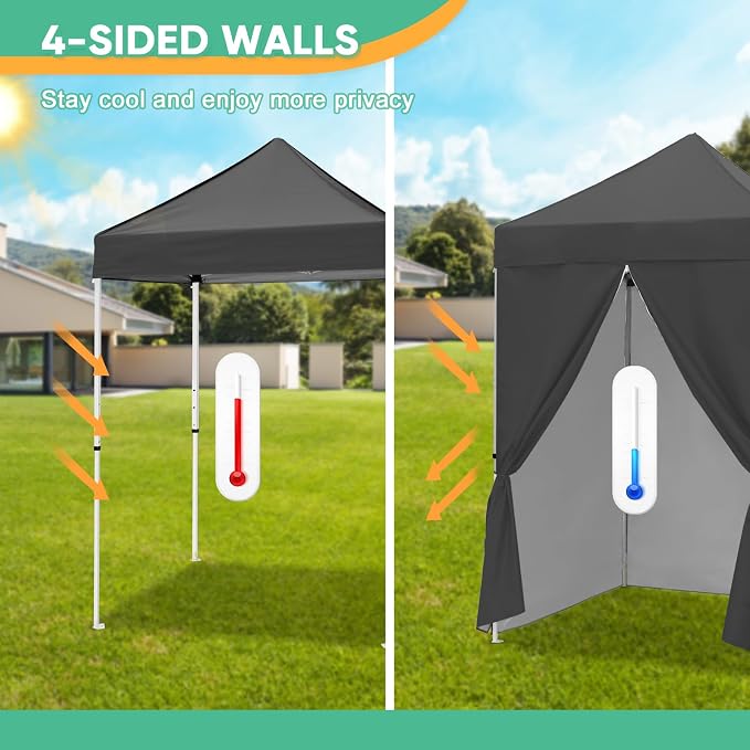 5x5 Pop Up Canopy Tent with Four Sidewalls, Instant Portable Beach Canopy, Outdoor Tent with Carry Bag for Camping, Sports, Tailgating, Events, Gray