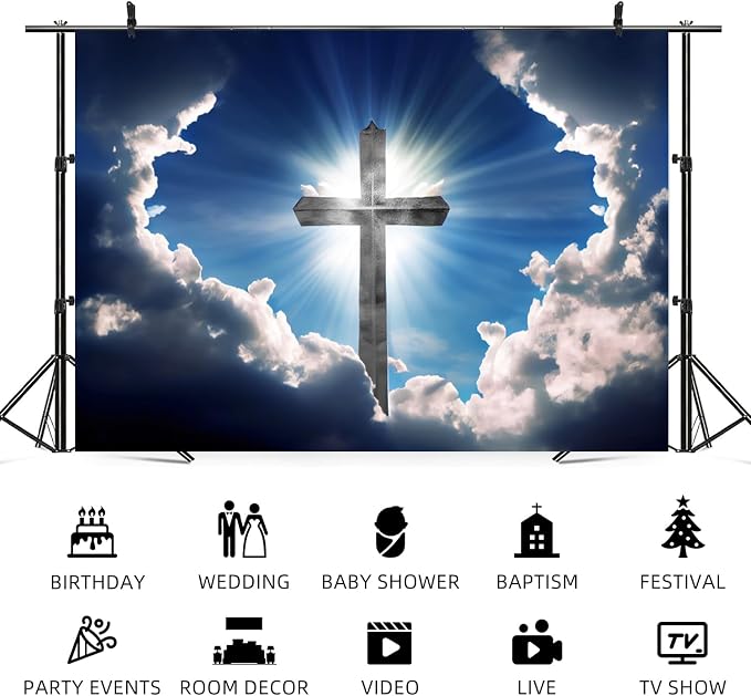 5x3ft Christian Cross Backdrop Heaven Sky White Clouds Photography Background Holy Crucifix Lord Pray Religious Church Event Easter Banner Decorations Baby Shower Portrait Photo Booth Prop