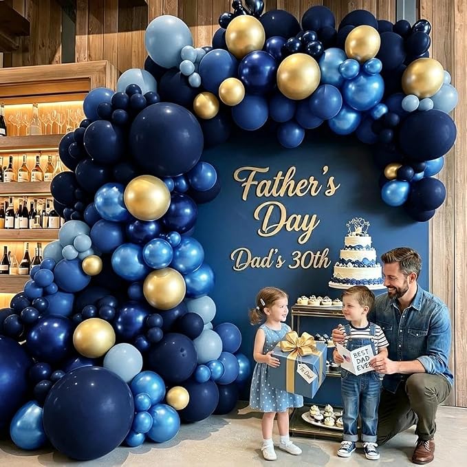 Navy Blue Gold Balloon Arch Kit, Double Stuffed Royal Pastel Blue Balloon Garland Different Sizes Metallic Gold Balloons for Birthday Baby Shower Graduation Wedding Anniversary Fathers Day Decor