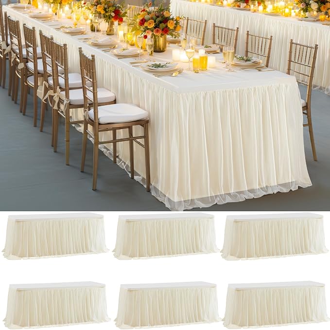 Champagne Tulle Tablecloth Table Skirt for 6 Foot Rectangle Tables with Ruffle Tutu Design for Wedding Reception Party Birthday, 6 Pack, 6ft Spandex Table Cover