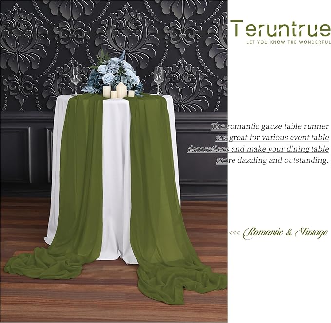 Teruntrue 24 Packs Olive Green Cheesecloth Table Runner,10ft Rustic Gauze Boho Wedding Table Runner Decoration, Wedding Table Decor Sheer Table Runner for Wedding Party Bridal Shower Table