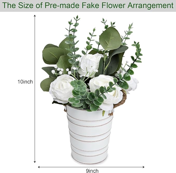 6 PCS Large Wedding Flower Table Centerpieces - 10 Inches Artificial Floral Arrangement with Rustic Tall Metal Vase for Wedding Birthday Party Bridal Baby Shower Event Decorations - White