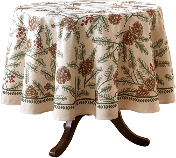 ISAENNE Designer Vintage Linen Round Tablecloth,Diameter 55"-Carol B | French Elegant Table Cloth for Round Table,Pinecones Pattern,Decor,Dining Room,Kitchen,Tea Party,Thanksgiving,Christmas