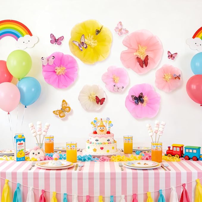 Large Paper Flower Decorations with 3D Butterfly Stickers Pink Yellow Giant Tissue Paper Flowers Pastel Flowers Butterfly Party Decoration for Spring Garden Girls Women Birthday Wedding Party