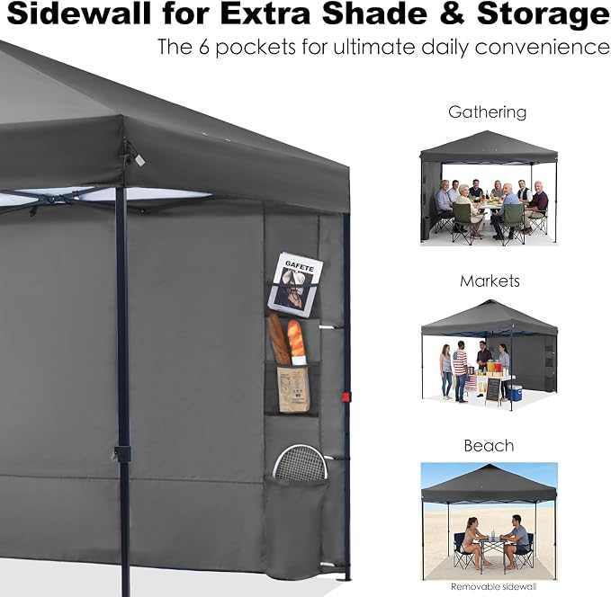 GAFETE 10×10 Pop Up Canopy Tent with 1 Pockets Sidewall, Easy up Sun Shade with One Push Setup, Portable Instant Outdoor Canopy Tent for Events Parties Camping with Carrying Bag (Gray, 10x10 FT)