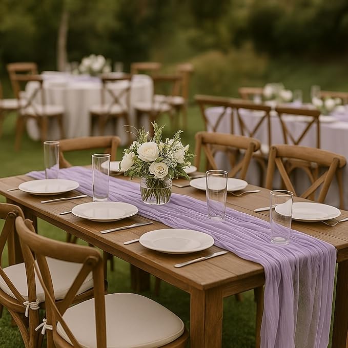 3 Pack Lilac 10FT Purple Cheesecloth Table Runner –120 Inch Boho Gauze Table Runners for Spring Wedding, Birthday, Fairy Garden Bridal Shower Decor