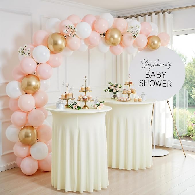 6 pk Ivory Cocktail Table Cloth Round 32×43in-High Top Highboy Bar Cocktail Tablecloths-Wrinkle Free Stretchy Fitted Spandex Table Covers with Ruffle Desk Skirt for Wedding Banquet Party Tables