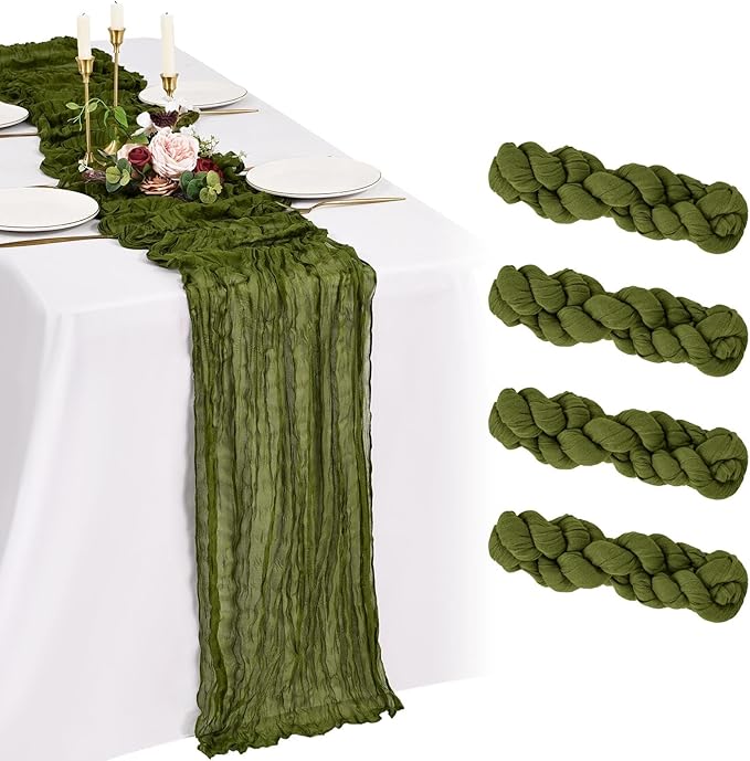 4 Pack Cheesecloth Table Runner 10FT Olive Green Table Runner Boho Gauze Cheese Cloth Table Runners Long Rustic Sheer Table Decorations for Wedding Party Baby Bridal Shower Birthday Holiday Home