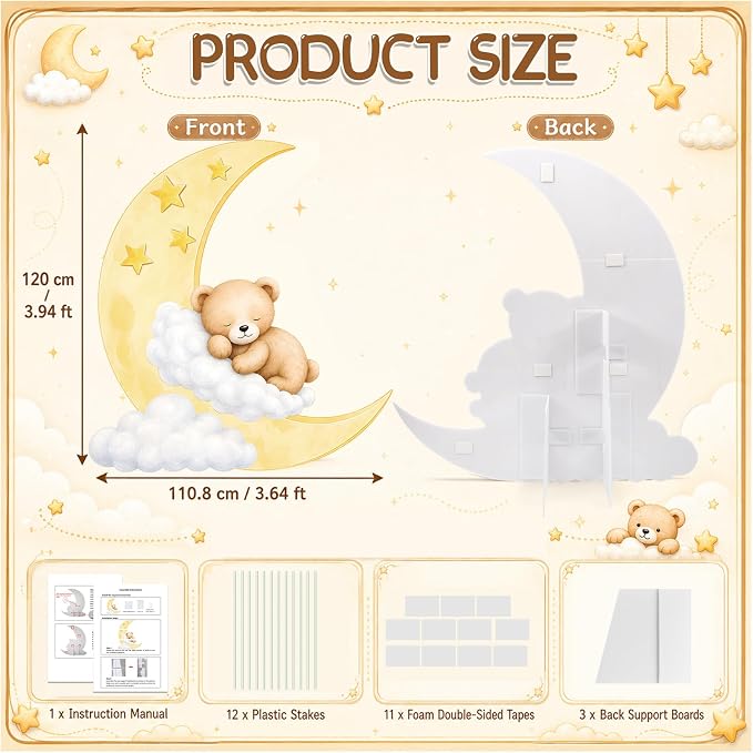 4ft Bear Baby Shower Decorations, Large Moon and Bear Cardboard Cutout Cute We Can Bearly Wait Theme Photo Booth Prop for Birthday Gender Reveal Party Supplies Outdoor Indoor