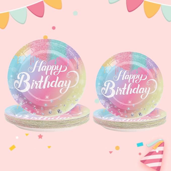 Rainbow Birthday Party Supplies 194 Pcs Disposable Party Decorations Includes Paper Plates, Napkin, Fork, Knives Spoons Cups, Tablecloth, Banner Straws for Mermaid Themed Events Serves 24